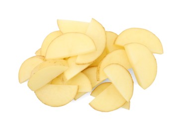 Photo of Pile of fresh cut potato isolated on white, top view