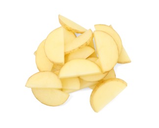 Photo of Pile of fresh cut potato isolated on white, top view