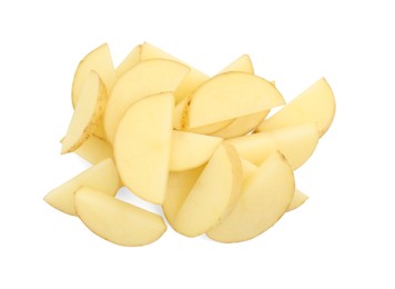 Photo of Pile of fresh cut potato isolated on white, top view