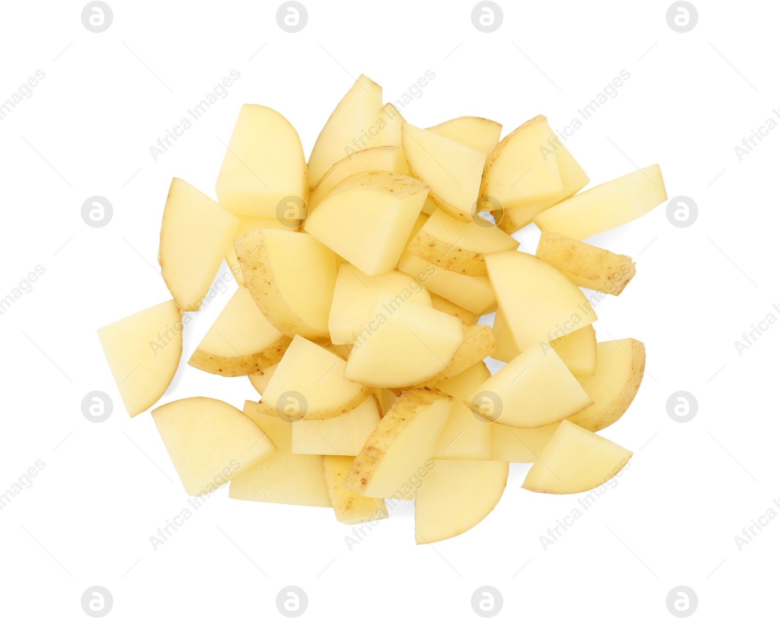 Photo of Pile of fresh cut potato isolated on white, top view