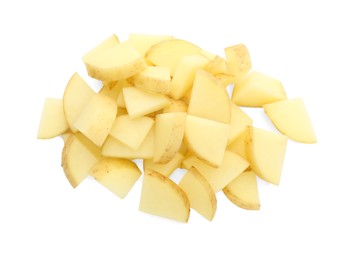 Photo of Pile of fresh cut potato isolated on white, top view