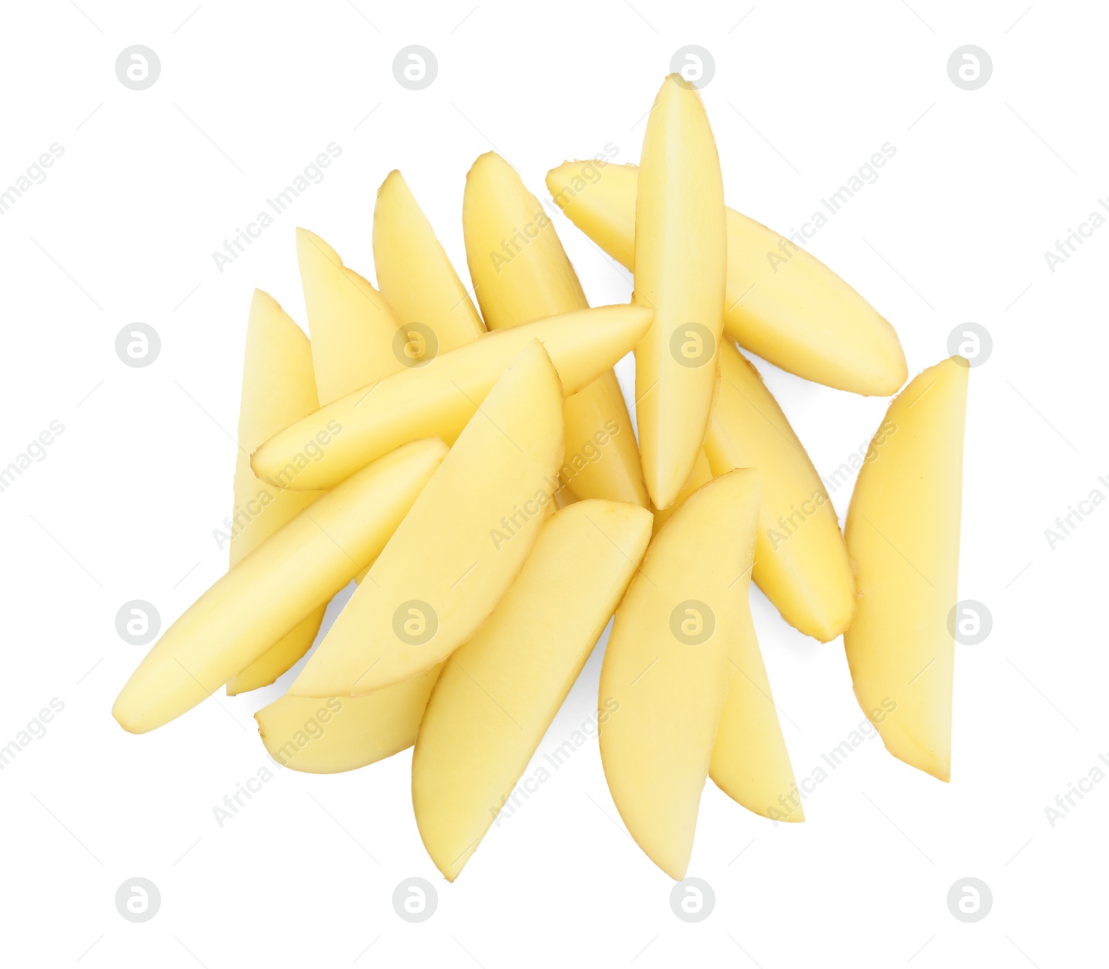 Photo of Pile of fresh cut potato isolated on white, top view