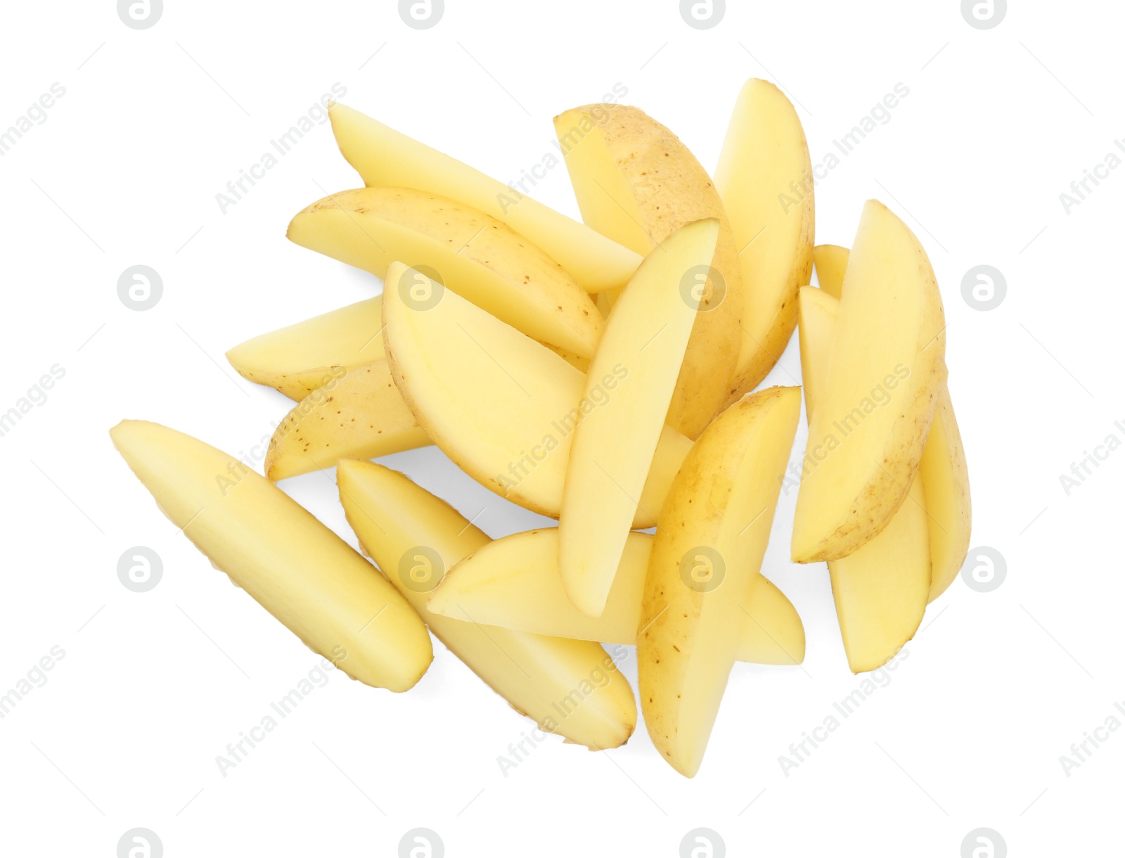 Photo of Pile of fresh cut potato isolated on white, top view