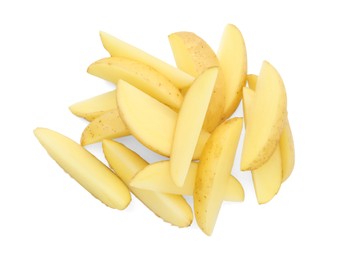 Photo of Pile of fresh cut potato isolated on white, top view