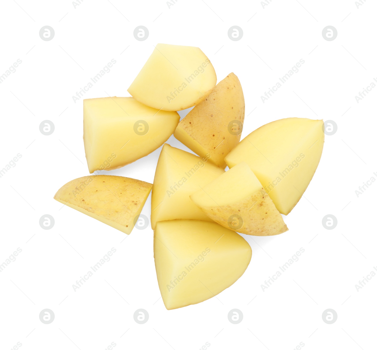 Photo of Pile of fresh cut potato isolated on white, top view