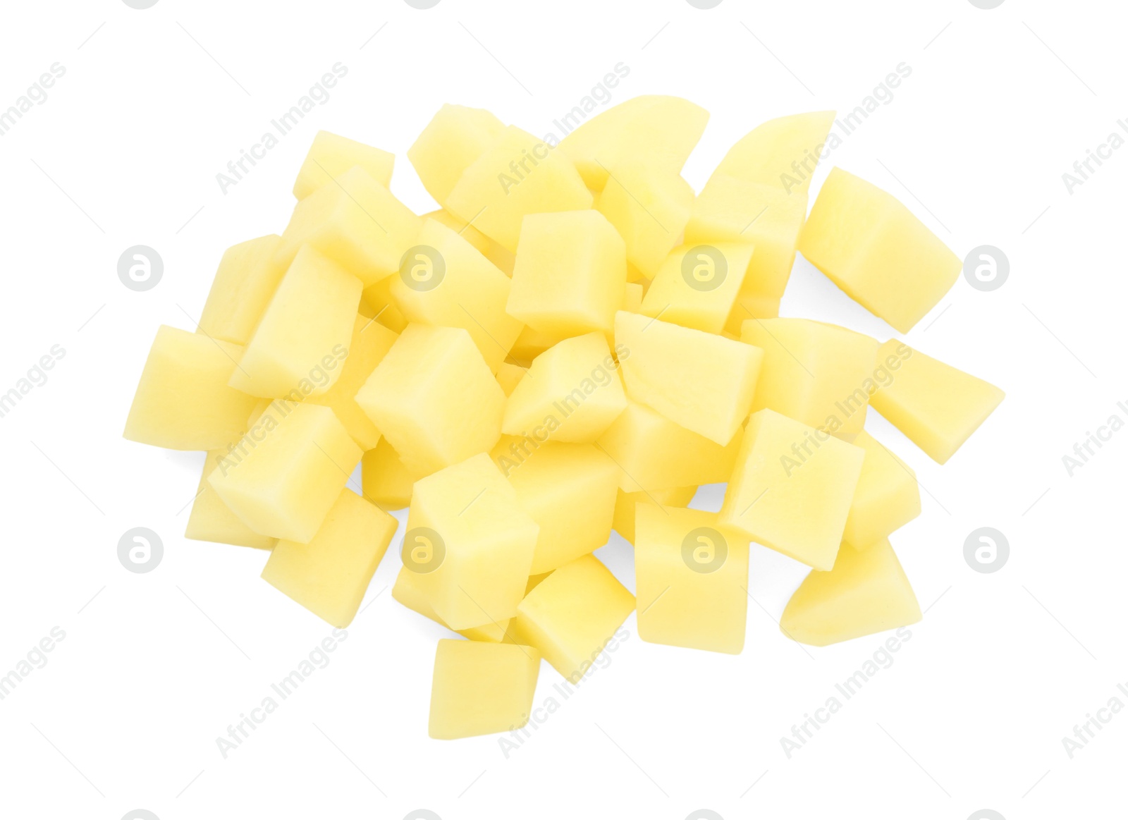 Photo of Pile of fresh cut potato isolated on white, top view