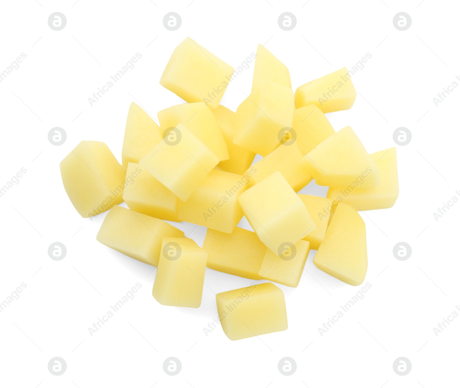 Photo of Pile of fresh cut potato isolated on white, top view