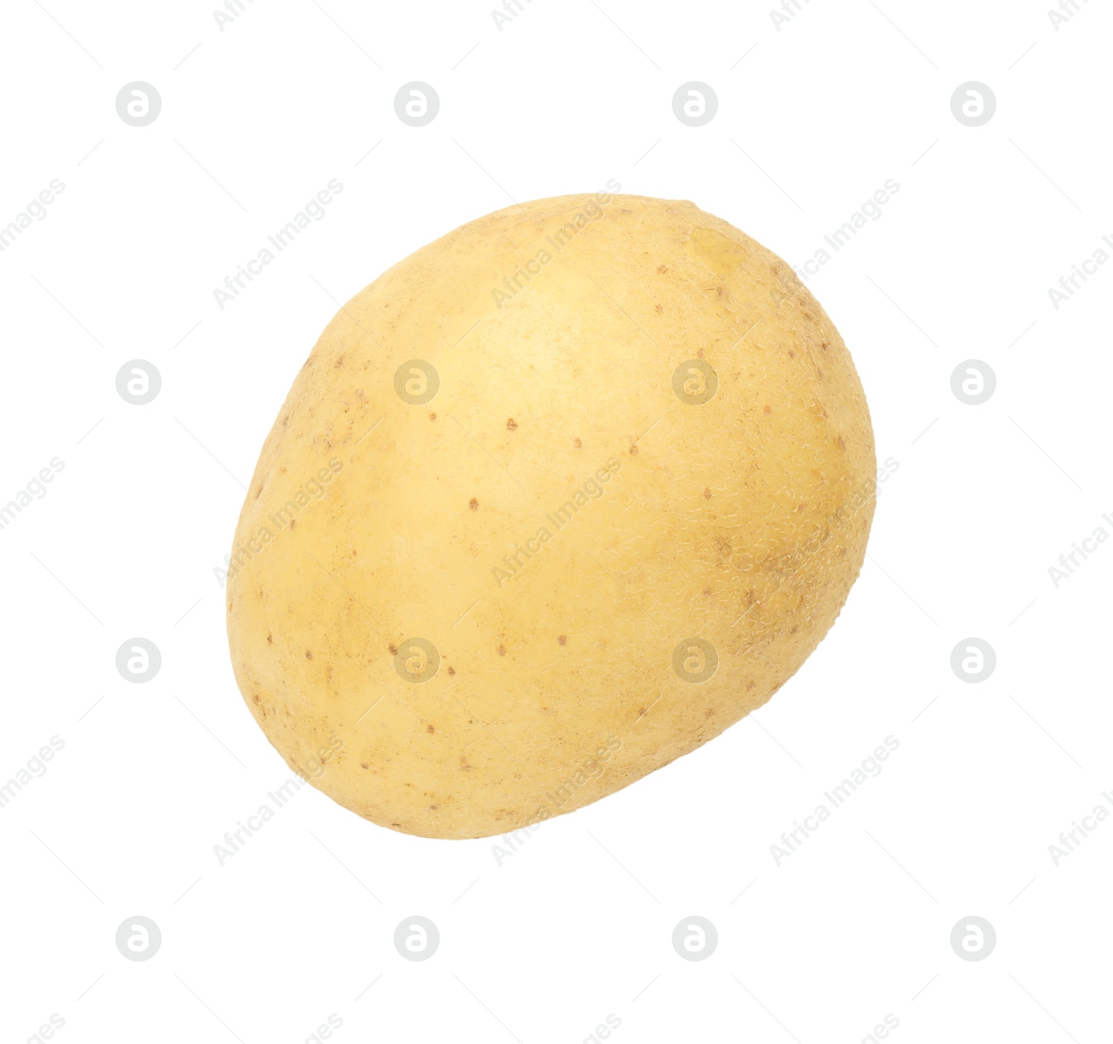 Photo of One young fresh potato isolated on white, top view