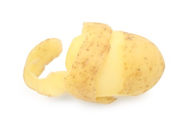 Photo of One fresh young potato with peel isolated on white, top view