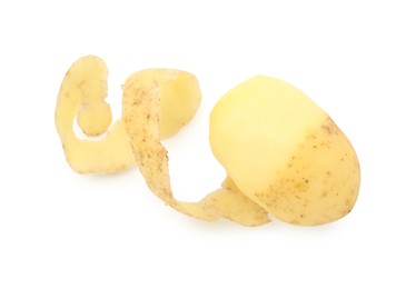 Photo of One fresh young potato with peel isolated on white, top view