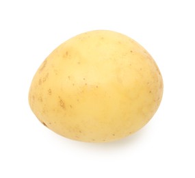 Photo of One fresh young potato isolated on white, top view