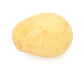 Photo of One fresh young potato isolated on white, top view