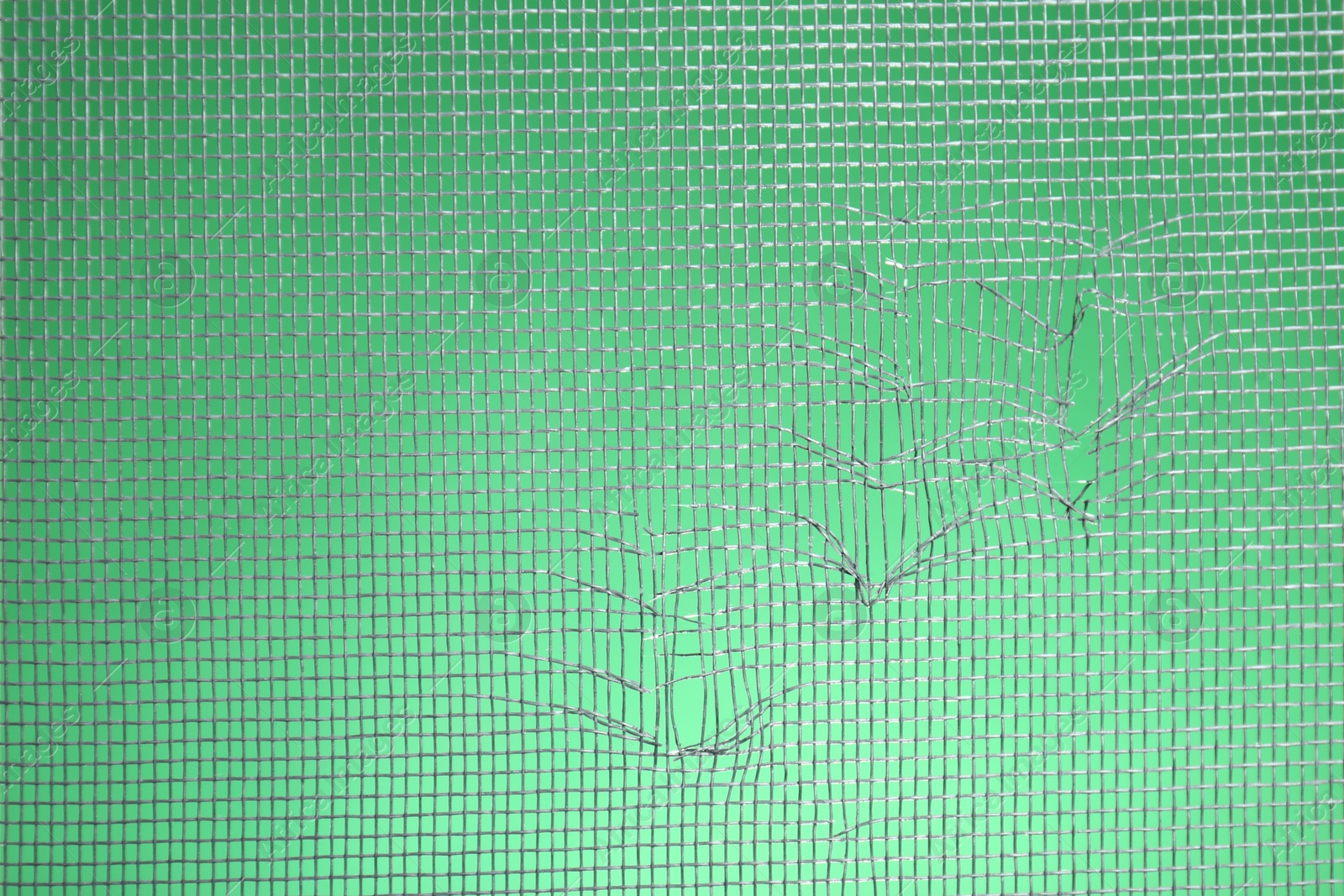 Photo of Torn window screen against green background, closeup