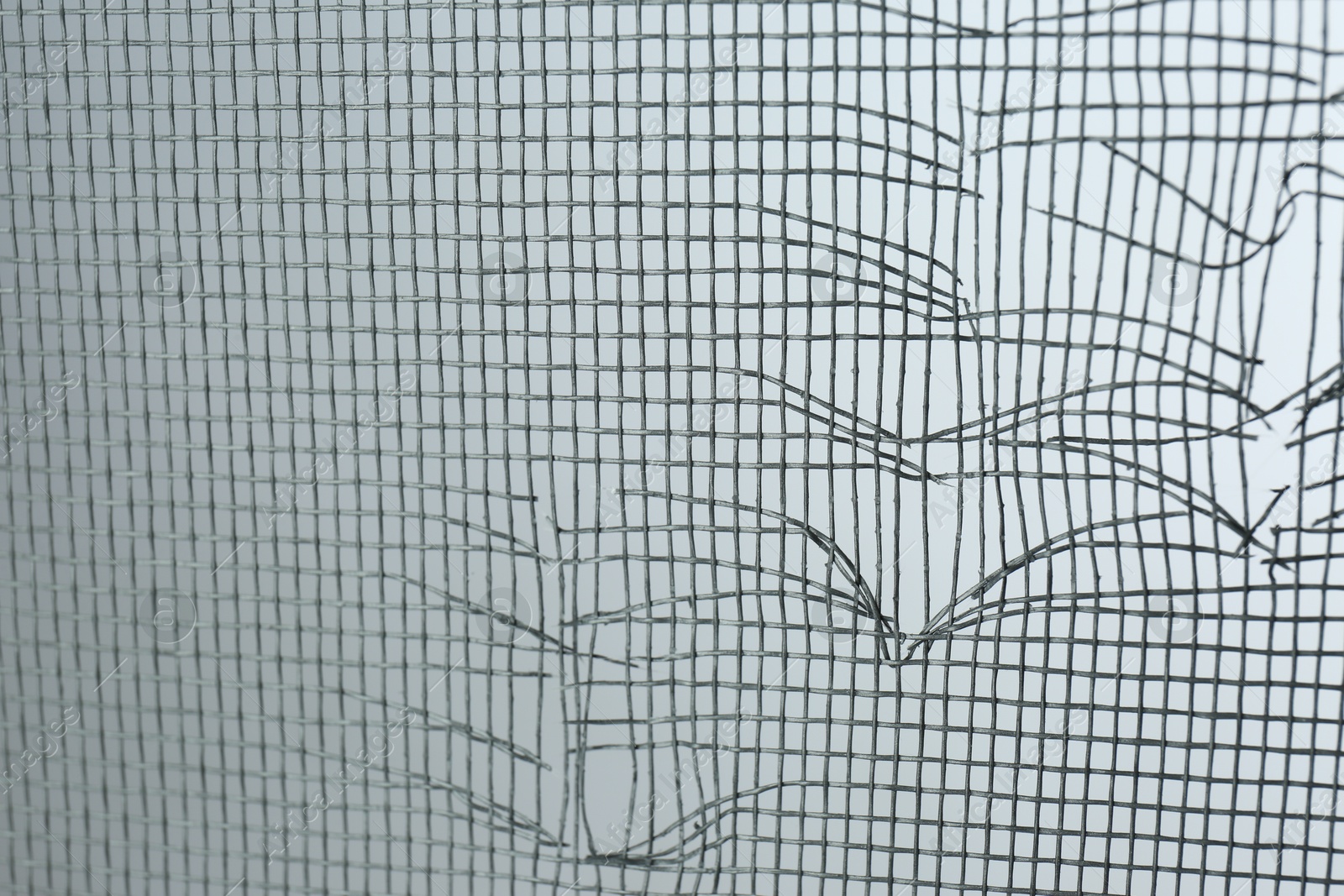 Photo of Torn window screen against white background, closeup