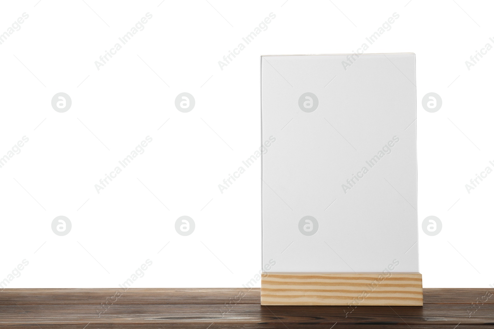 Photo of Menu holder on wooden table against white background. Space for text