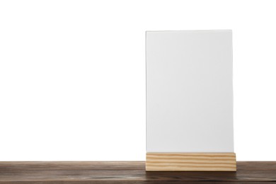 Photo of Menu holder on wooden table against white background. Space for text