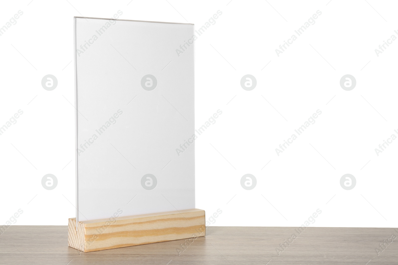 Photo of Menu holder on wooden table against white background. Space for text