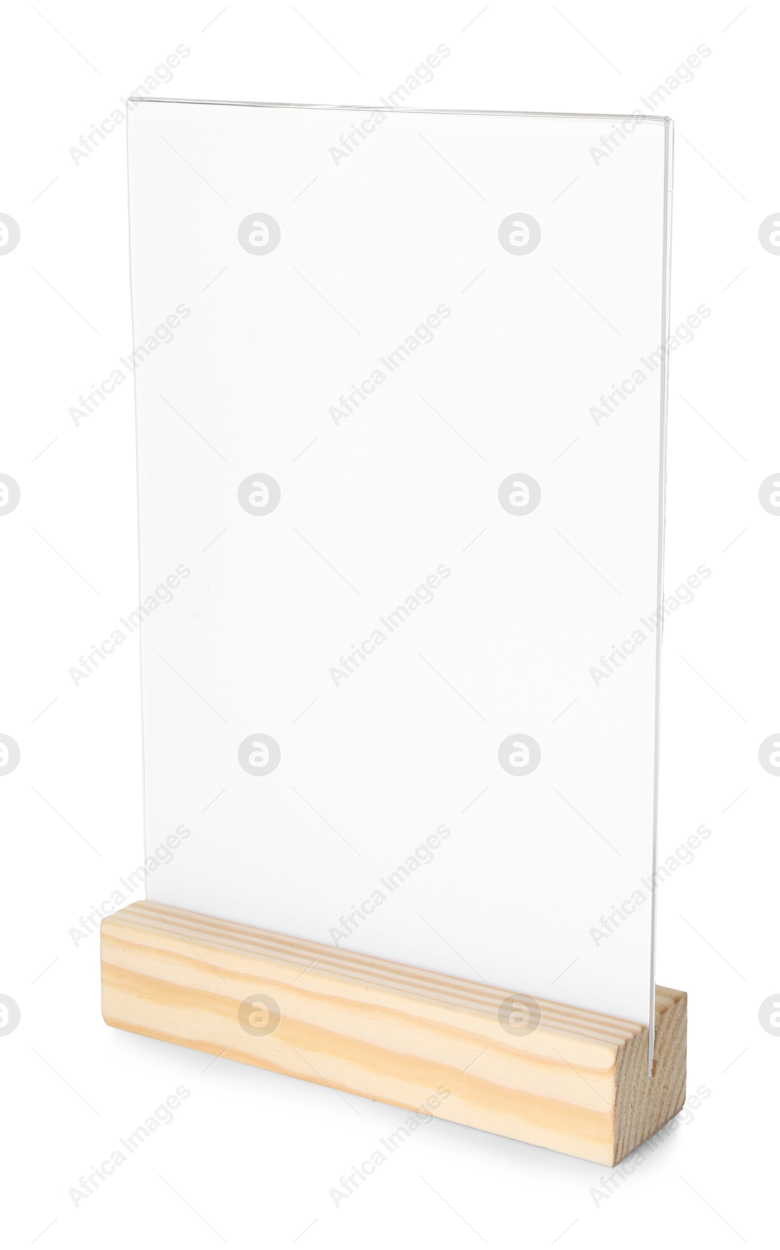 Photo of Menu holder on wooden table against white background. Mockup for design