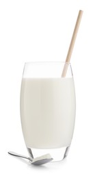 Delicious protein shake in glass and spoon with powder isolated on white