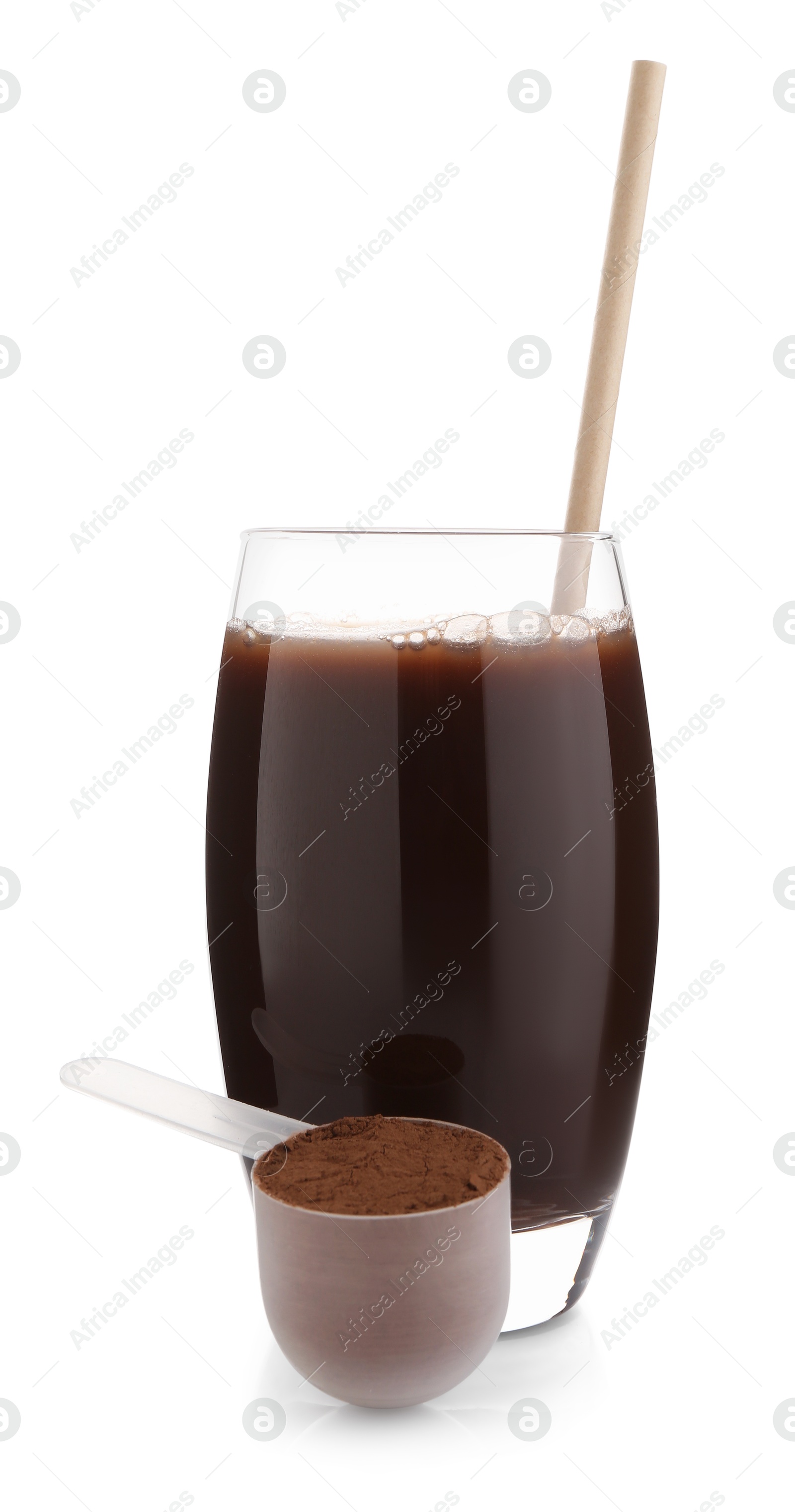 Photo of Delicious protein shake in glass and scoop with powder isolated on white