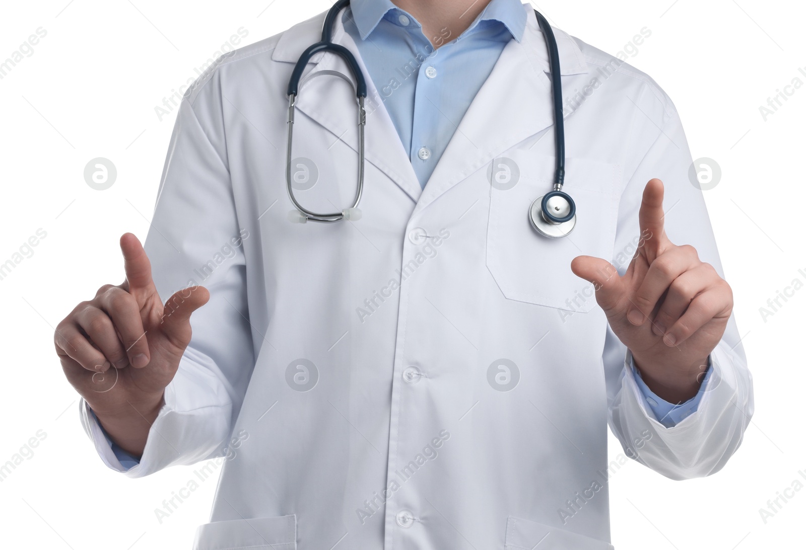 Photo of Doctor pointing at something on white background, closeup