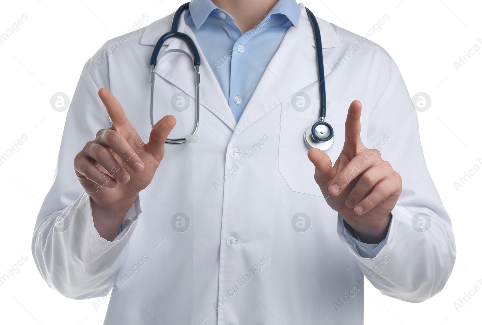 Photo of Doctor pointing at something on white background, closeup