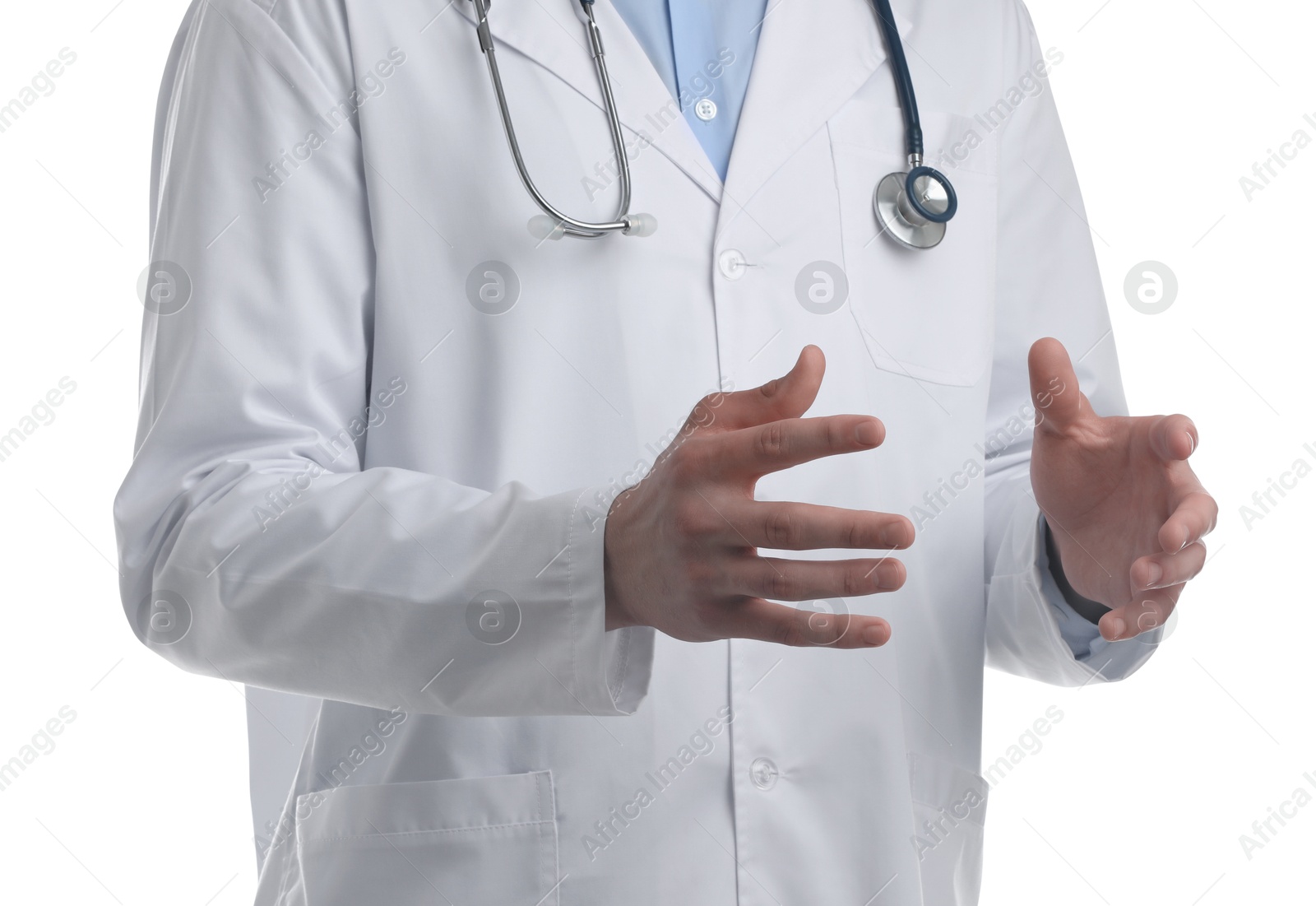 Photo of Doctor holding something on white background, closeup