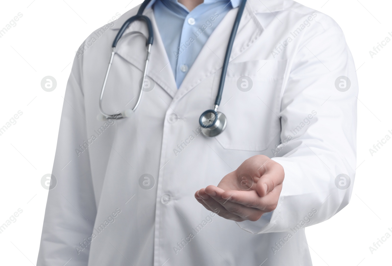 Photo of Doctor holding something on white background, closeup