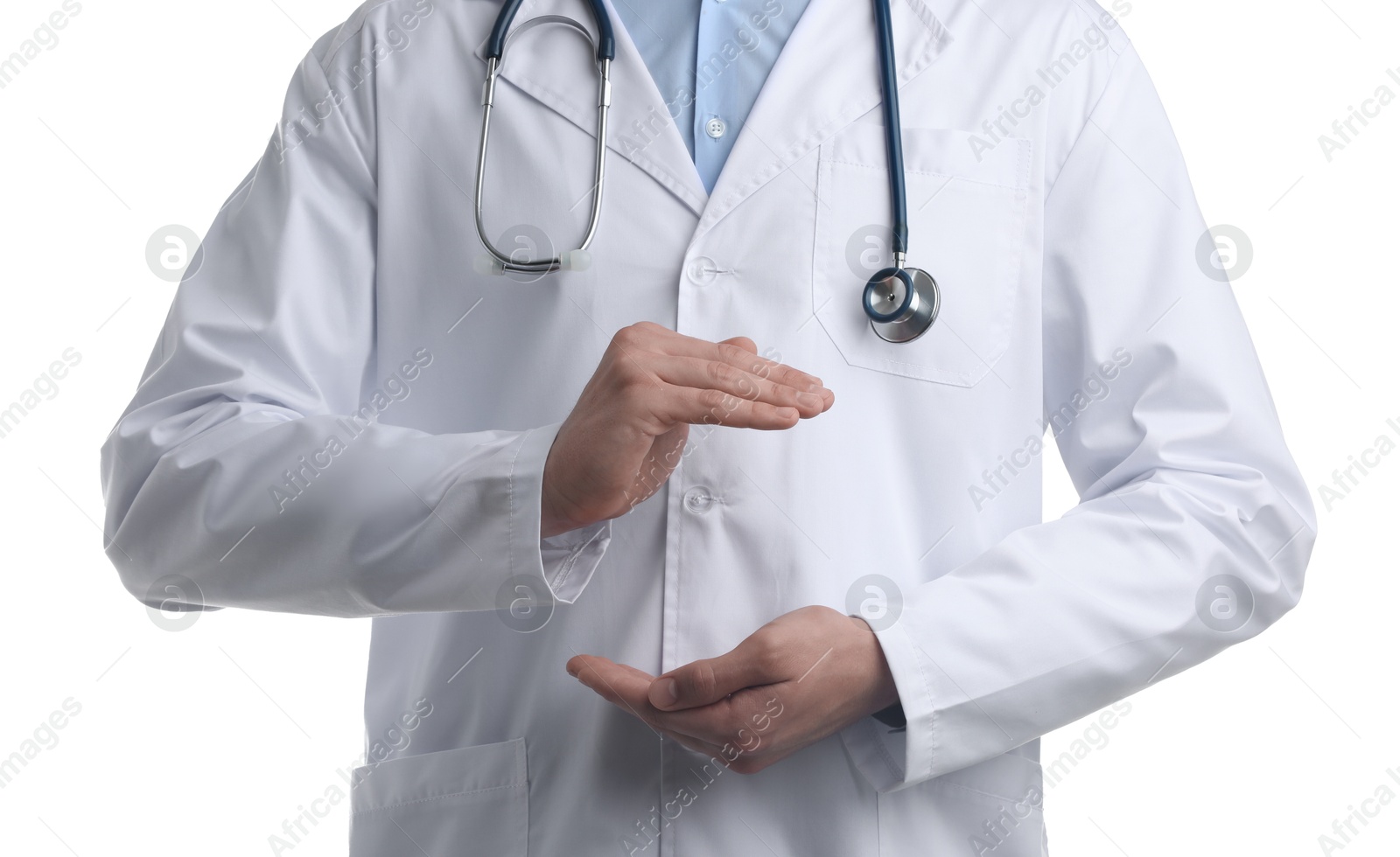 Photo of Doctor holding something on white background, closeup