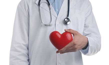 Photo of Doctor with red heart isolated on white, closeup