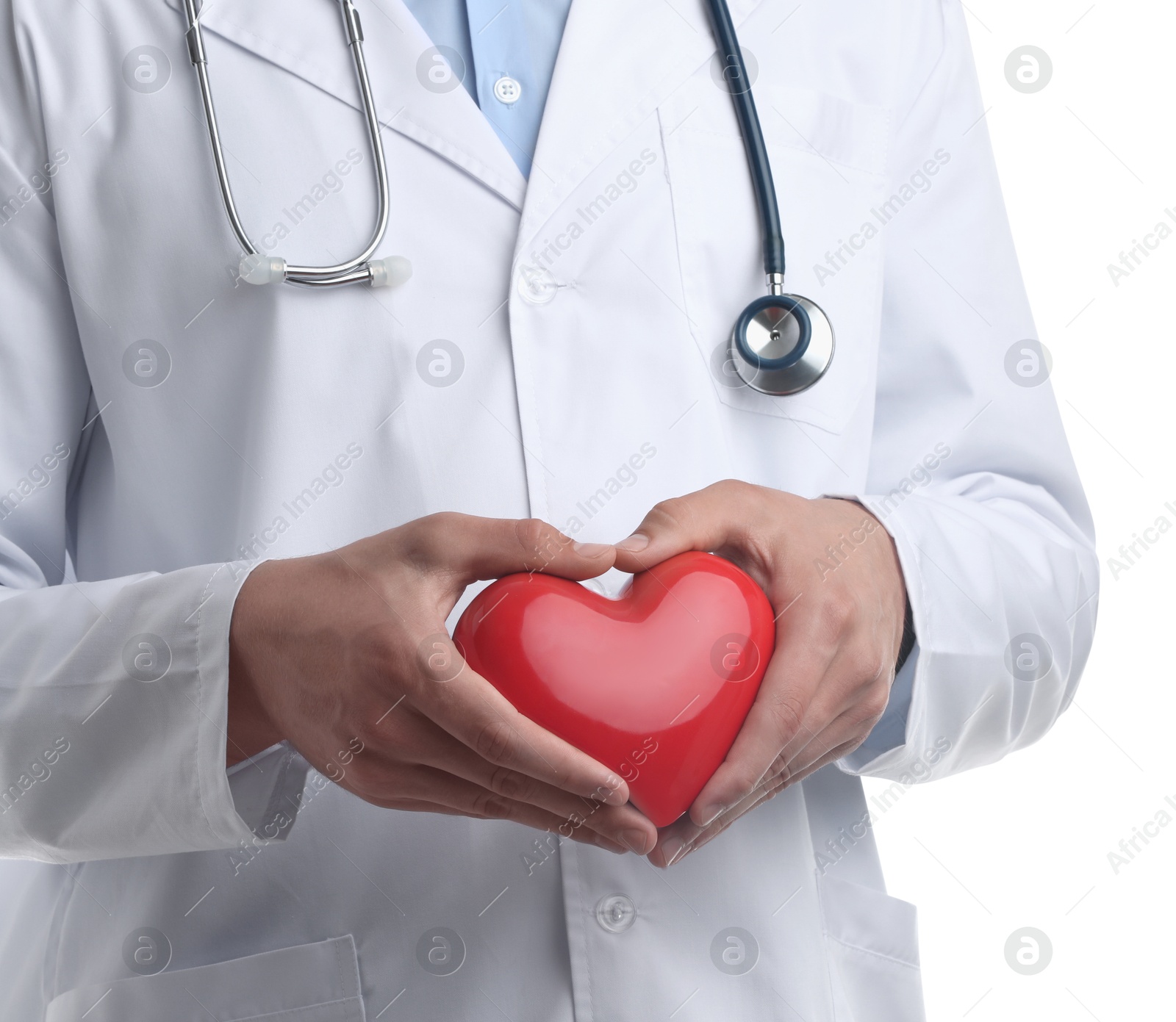 Photo of Doctor with red heart isolated on white, closeup