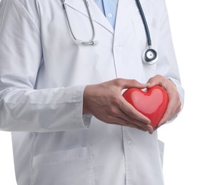 Photo of Doctor with red heart isolated on white, closeup