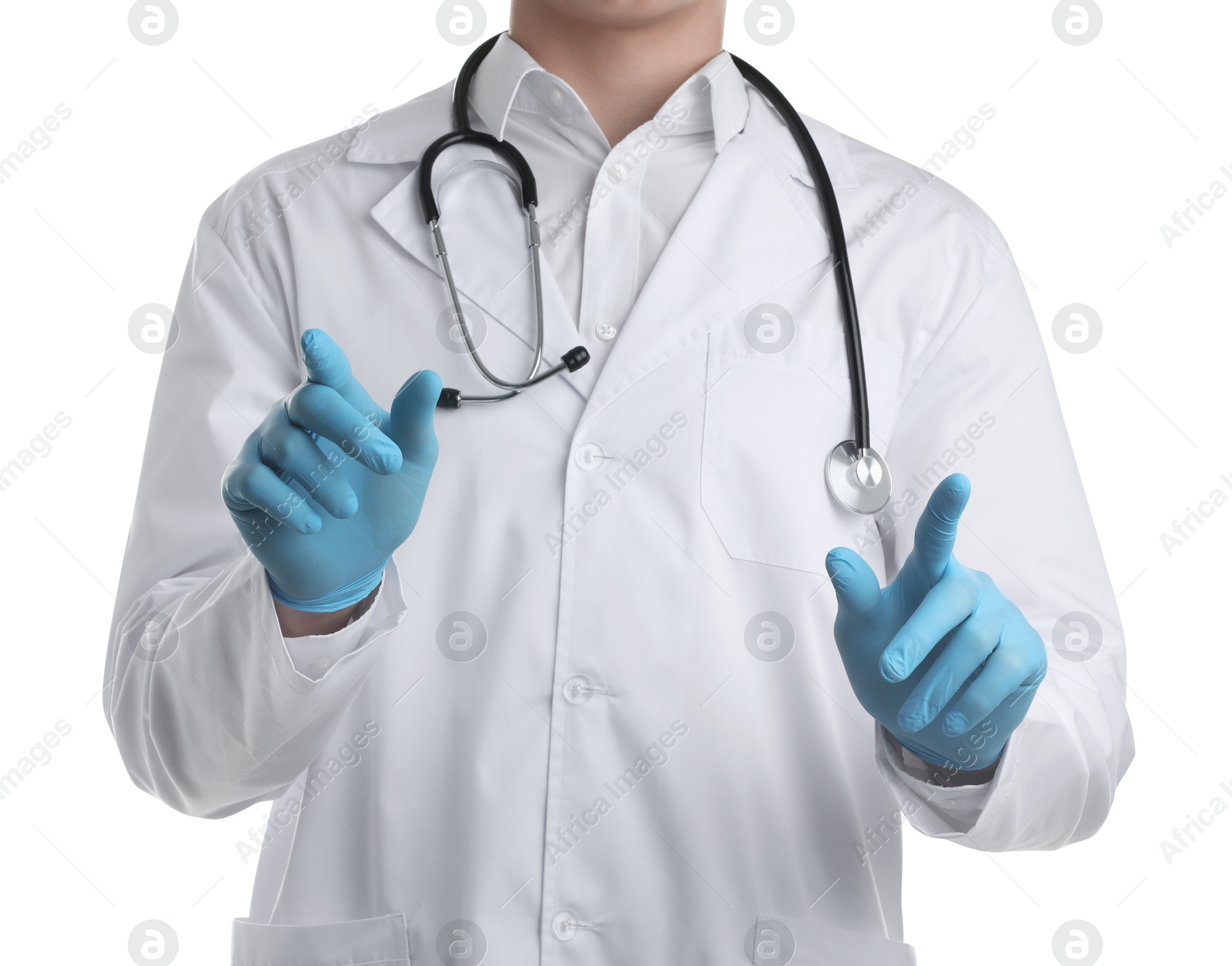 Photo of Doctor pointing at something on white background, closeup