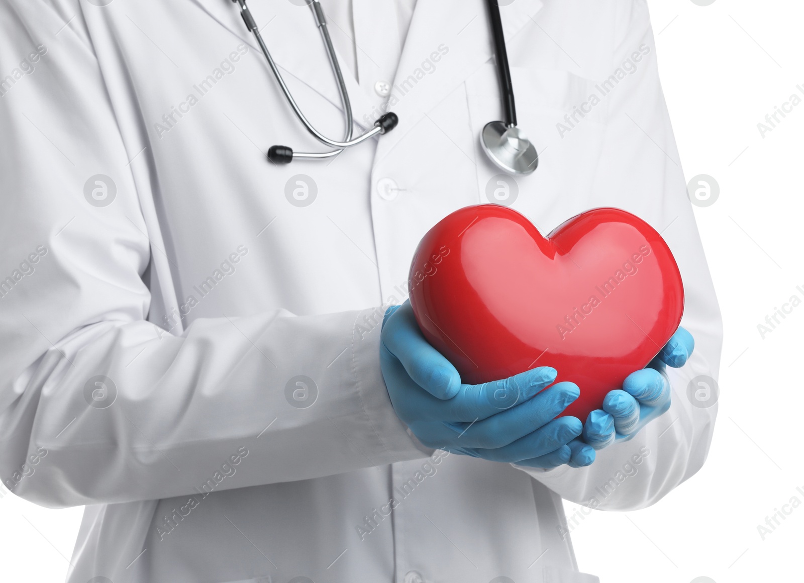 Photo of Doctor with red heart isolated on white, closeup