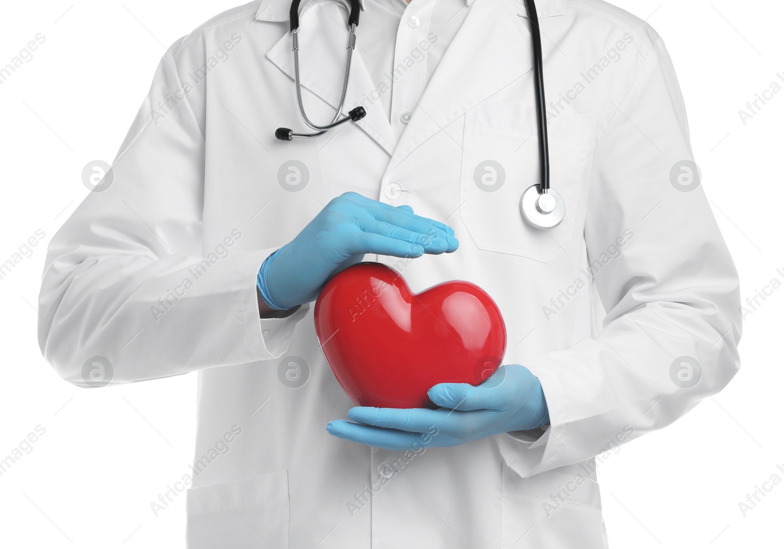 Photo of Doctor with red heart isolated on white, closeup