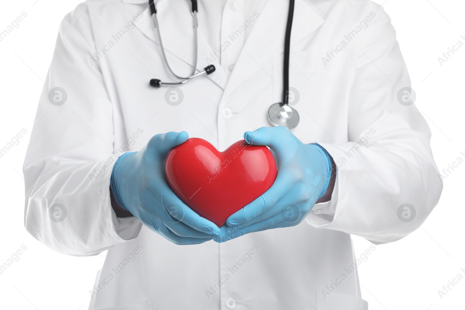 Photo of Doctor with red heart isolated on white, closeup