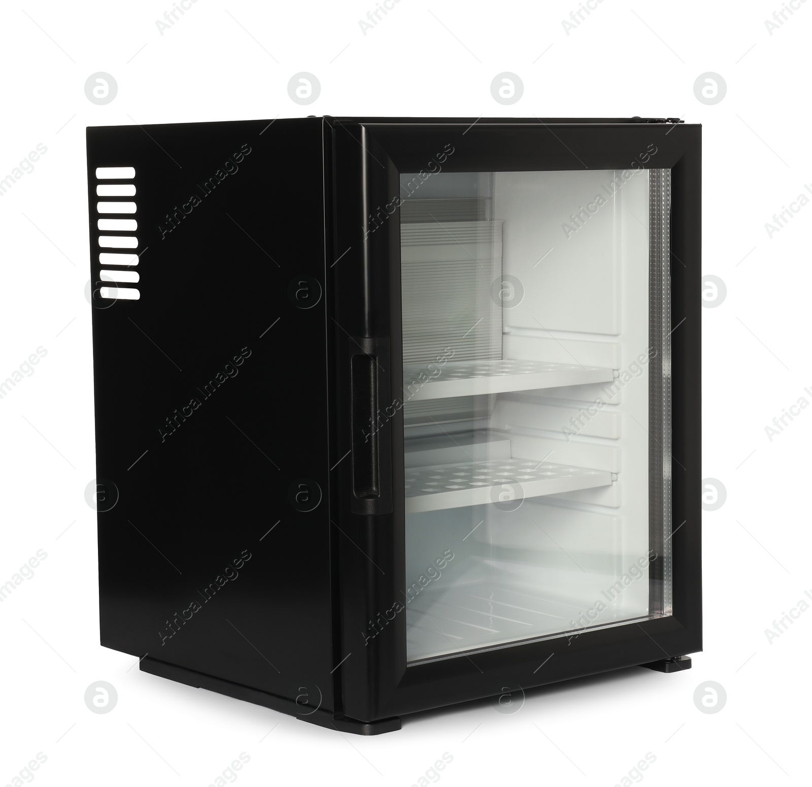 Photo of Empty modern mini refrigerator isolated on white