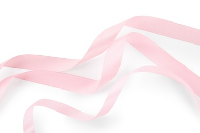 Photo of Beautiful pink silk ribbons isolated on white, top view