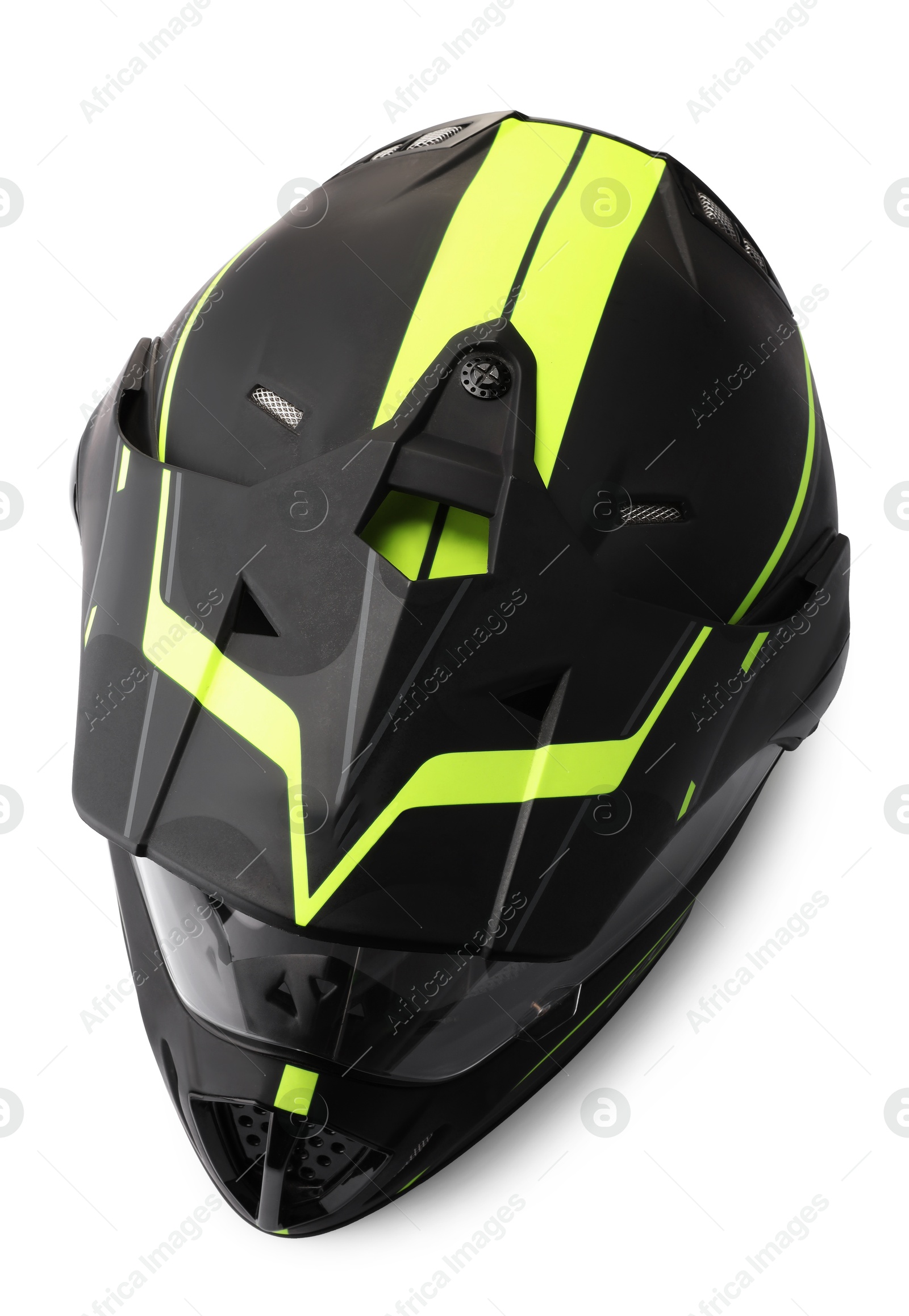 Photo of Modern motorcycle helmet with visor isolated on white