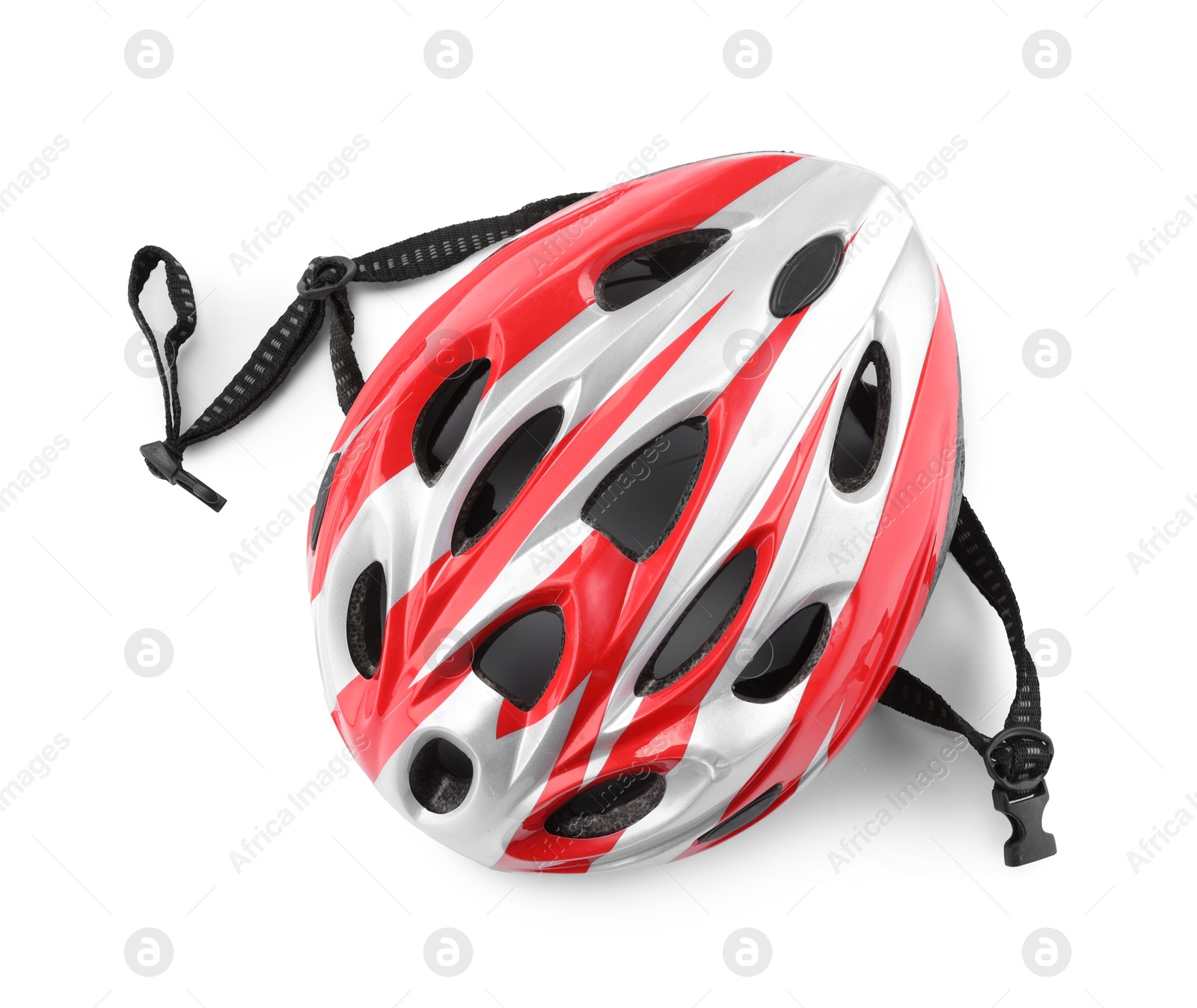 Photo of Colorful protective helmet isolated on white, top view