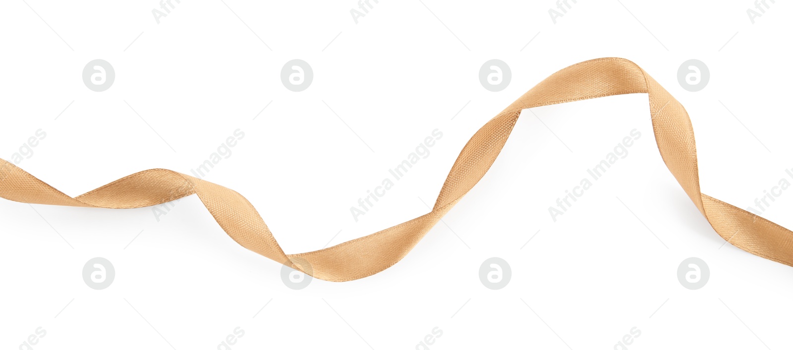 Photo of One beautiful light brown ribbon isolated on white, top view