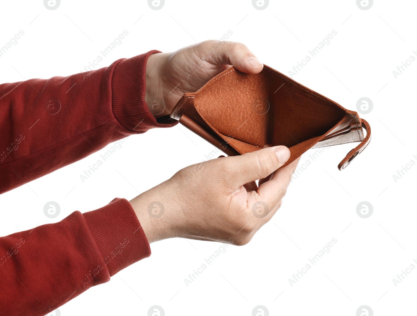 Photo of Man with empty wallet on white background, closeup