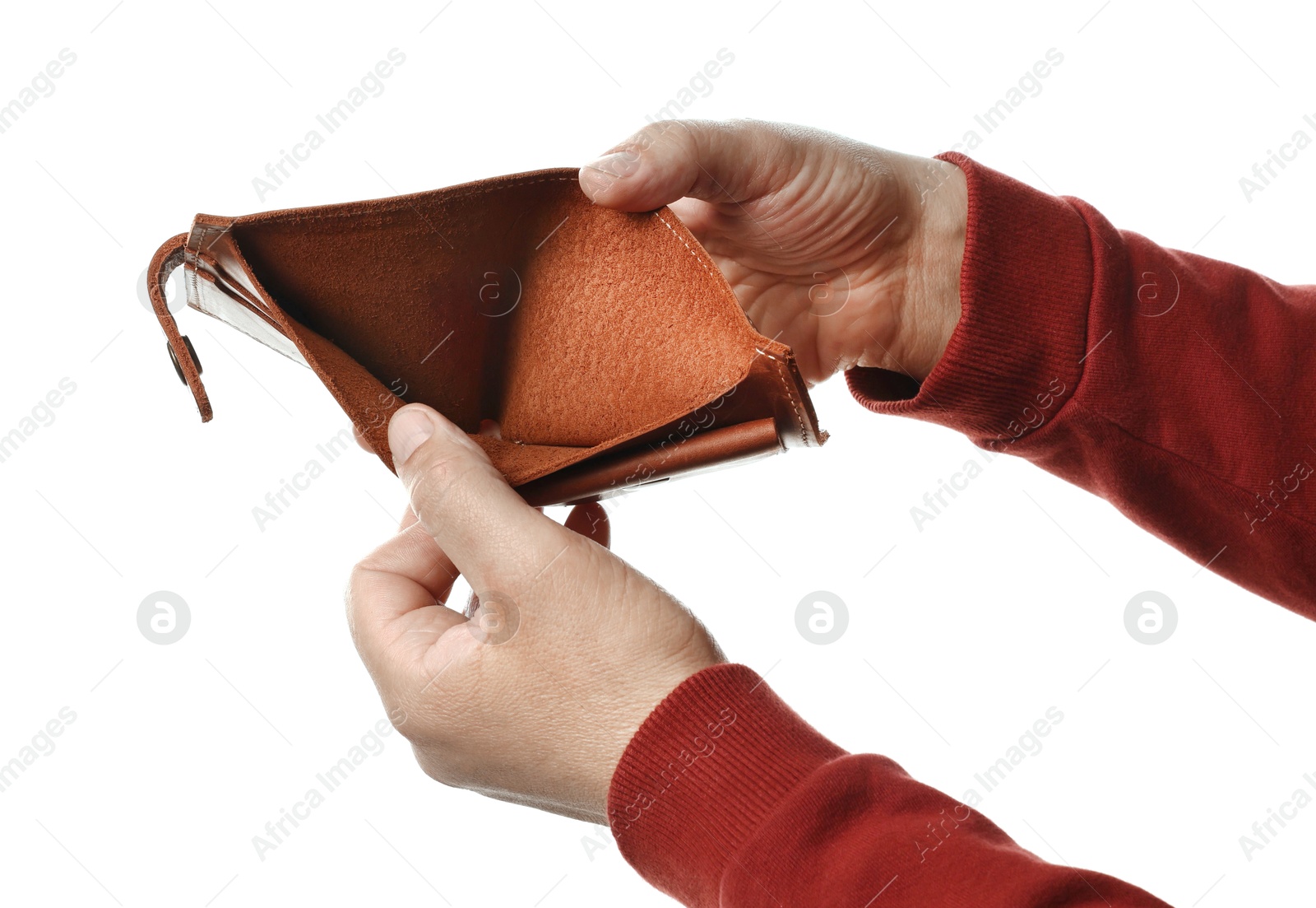 Photo of Man with empty wallet on white background, closeup