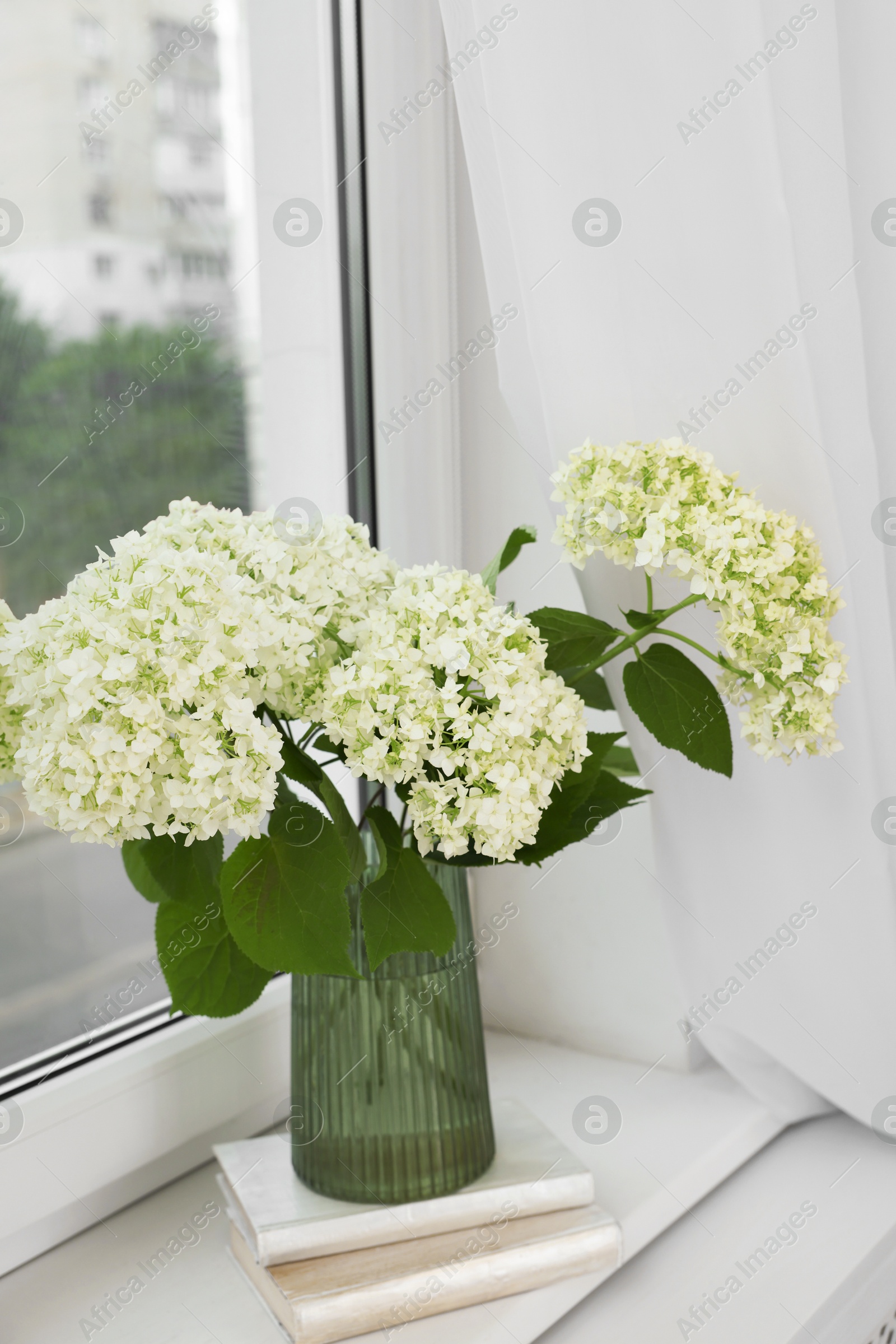 Photo of Beautiful flowers in vase and stack of books on window sill indoors