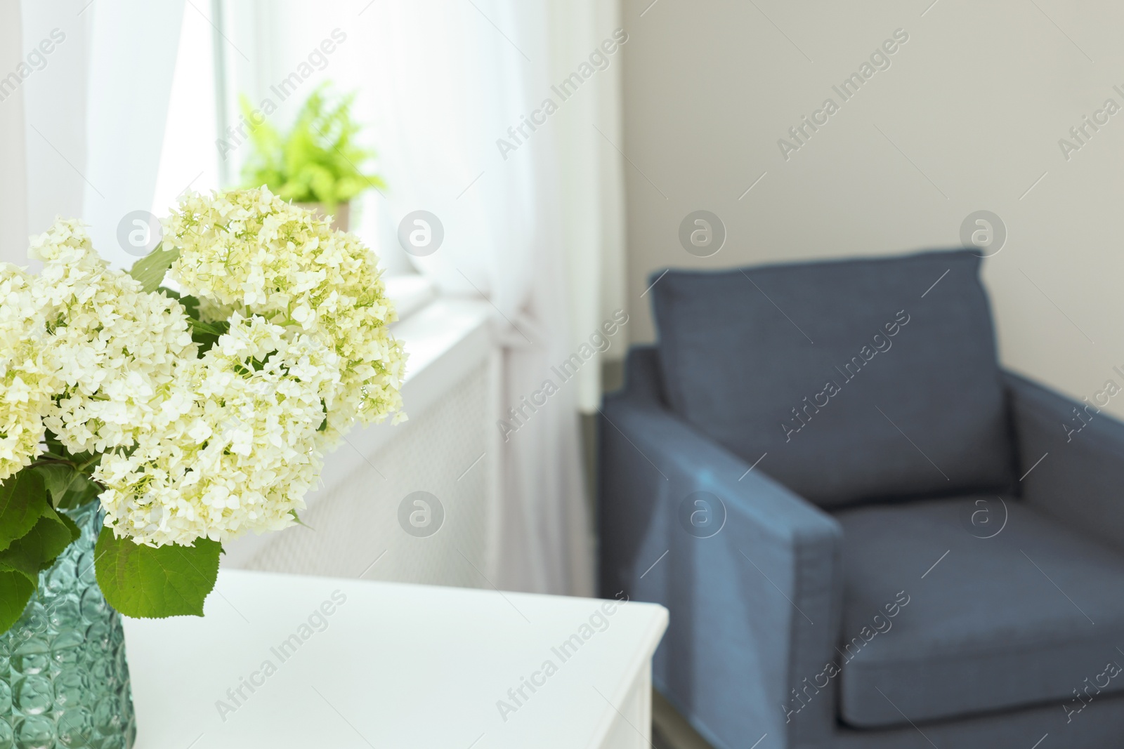 Photo of Beautiful flowers in vase on table near blue armchair indoors, selective focus. Space for text