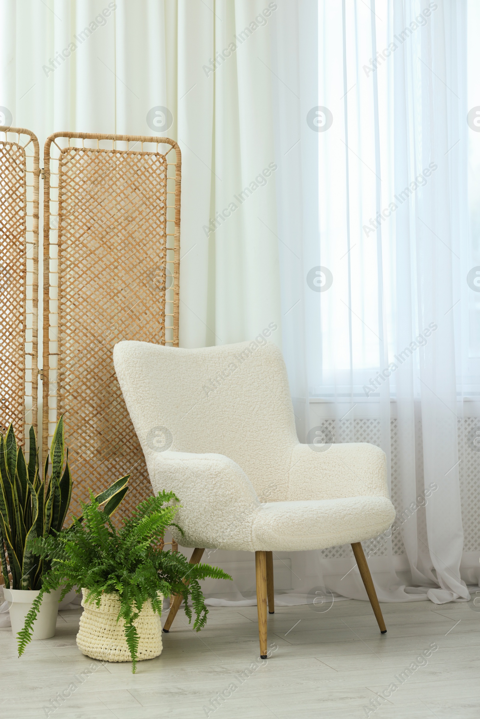 Photo of Soft armchair, folding screen, houseplants and window with curtains in room. Interior design