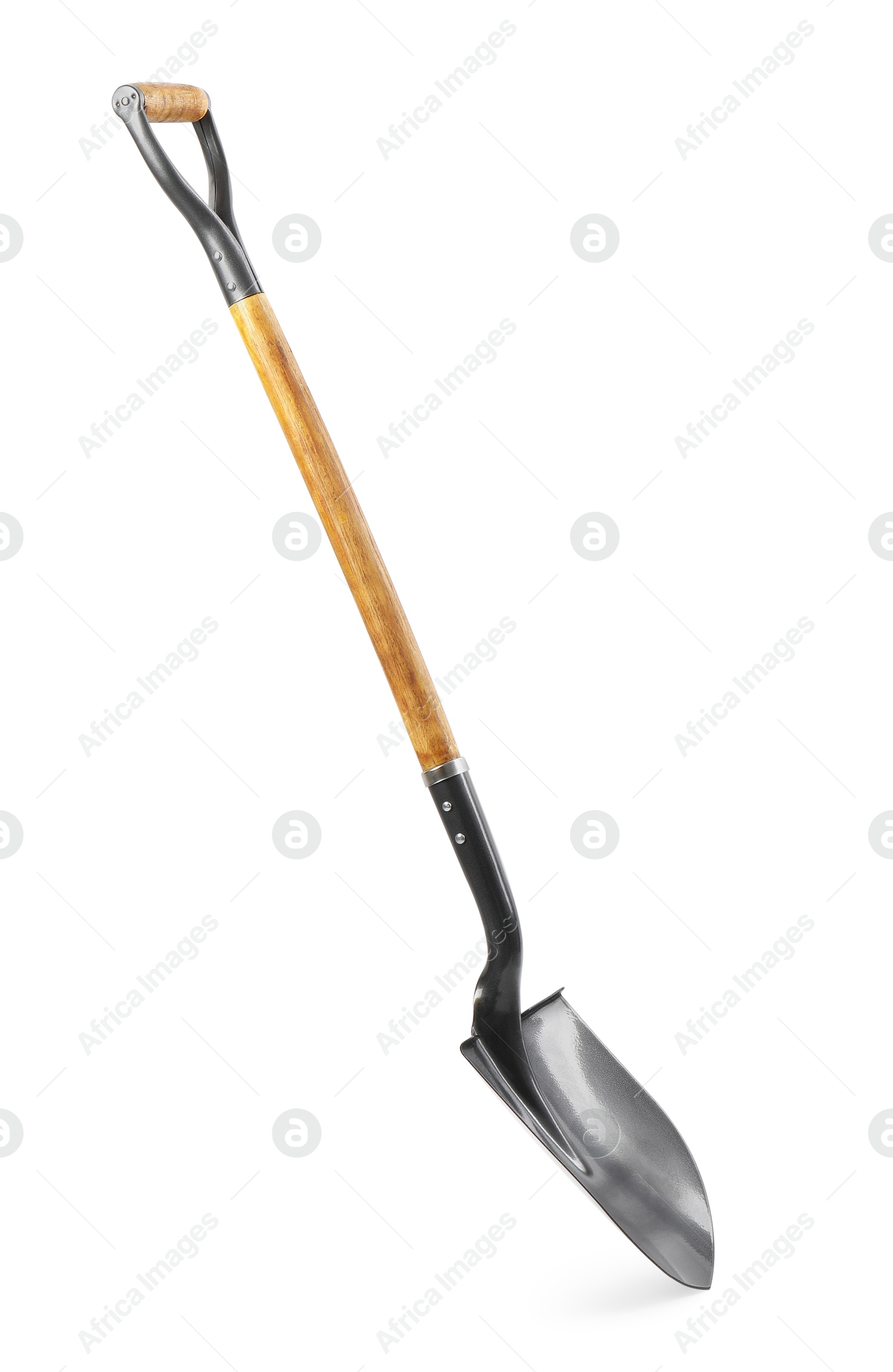 Photo of Metal shovel with wooden handle isolated on white