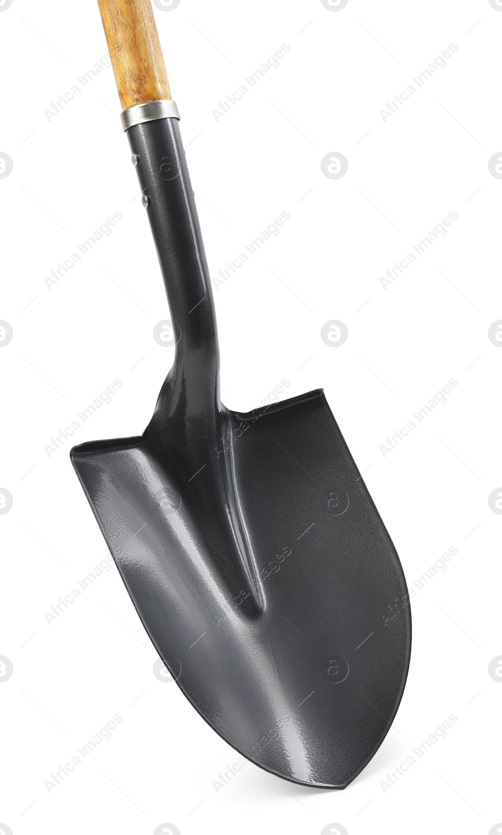 Photo of Metal shovel with wooden handle isolated on white