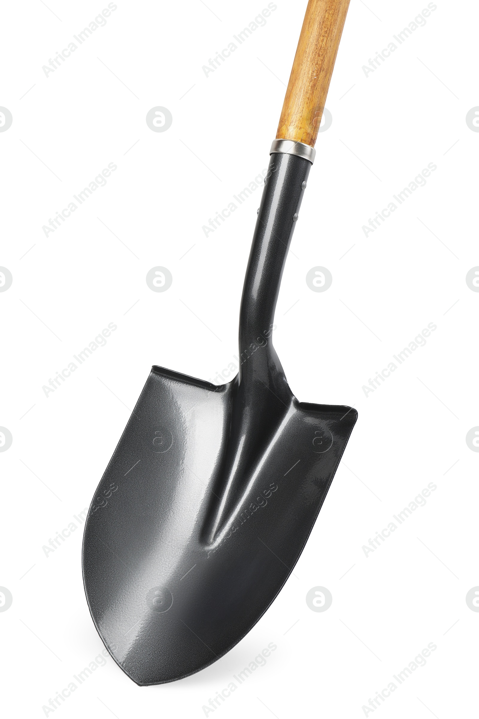 Photo of Metal shovel with wooden handle isolated on white