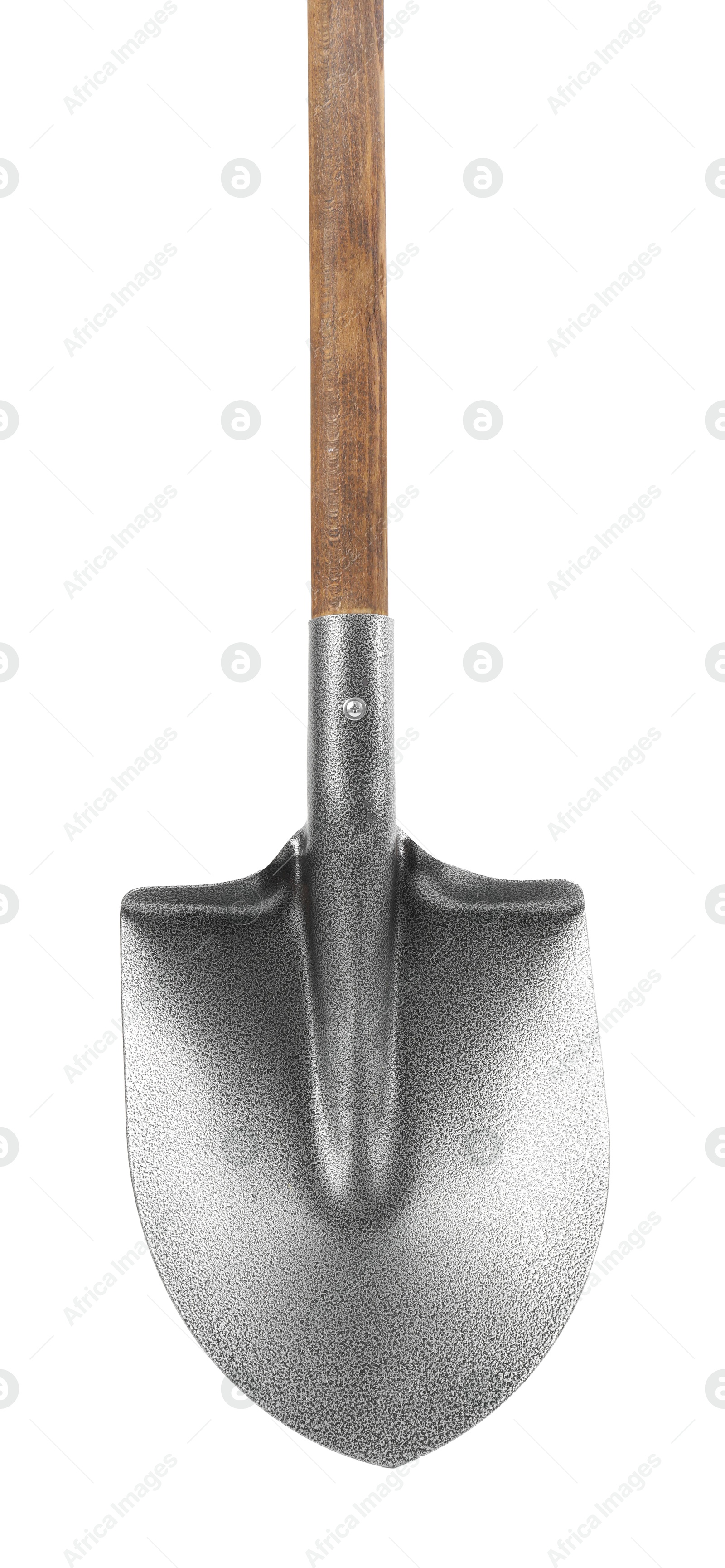 Photo of Metal shovel with wooden handle isolated on white